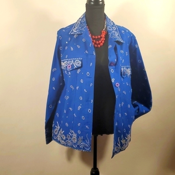 Quacker Factory Jacket Blue Blue Handkerchief Print Button Sequins Size Medium - Picture 10 of 15